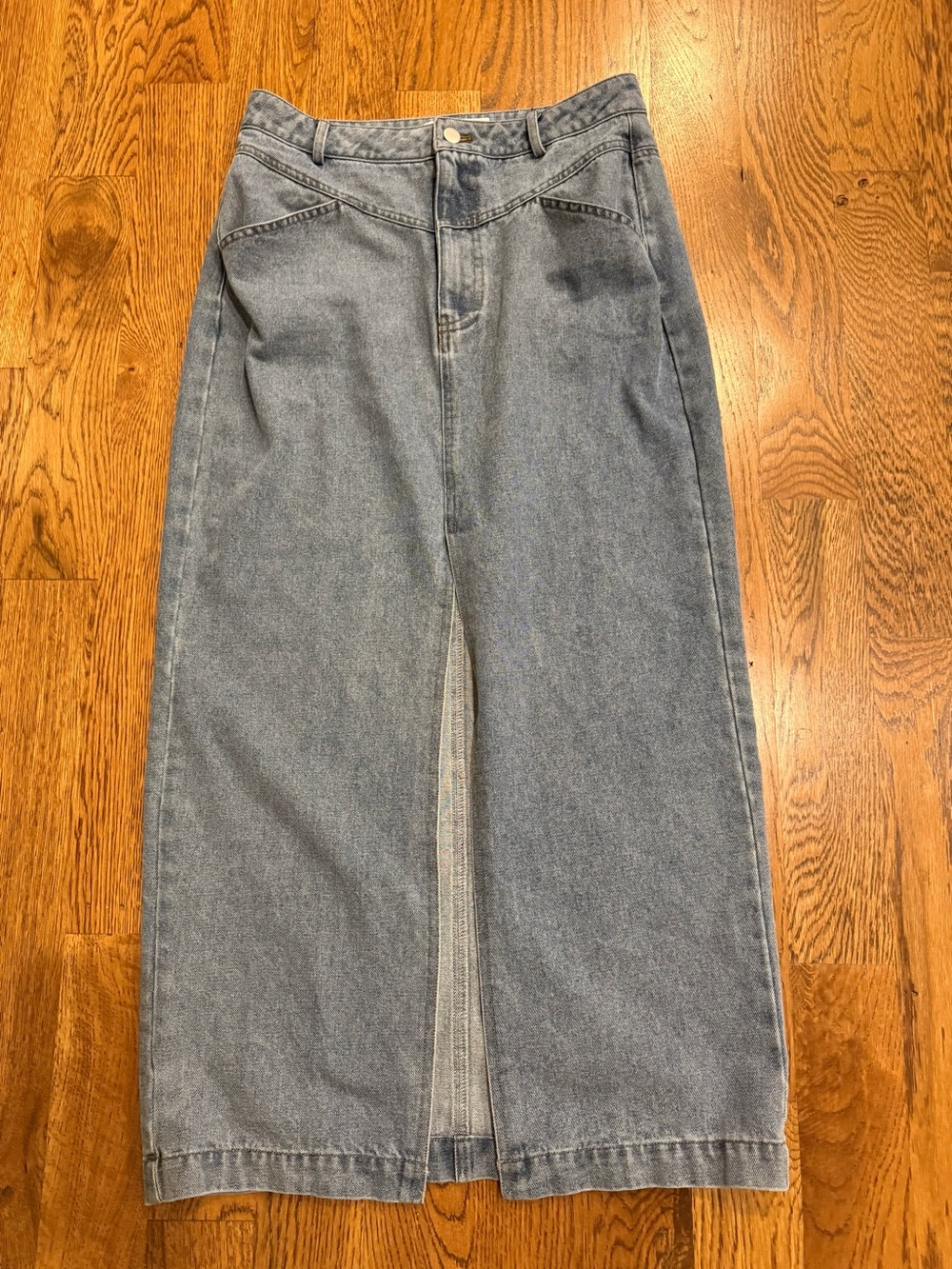 Classic High-Waist Denim Midi Skirt in Light Blue